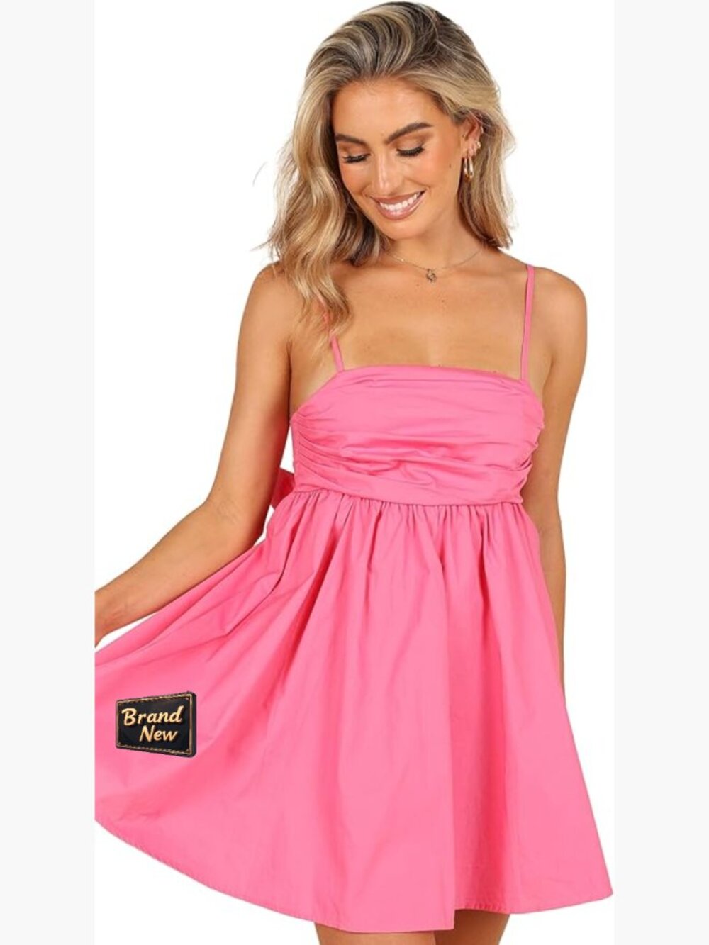 Babydoll Mini Dress with Bow Back - Sleeveless Cotton - Runs Small